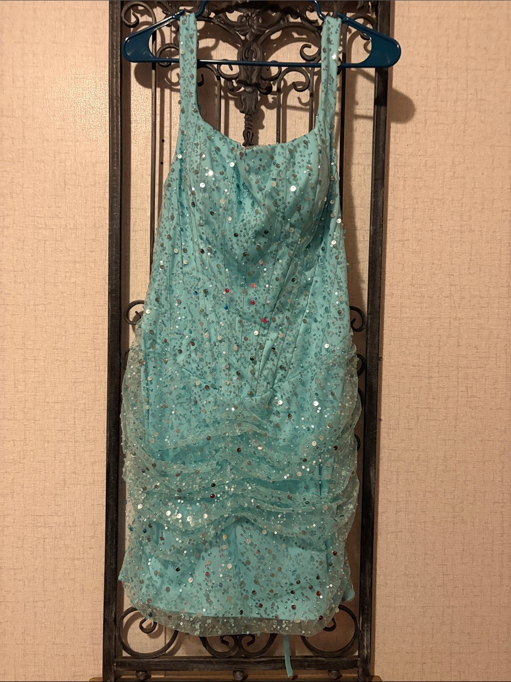 Sparkling Aqua Sequin Prom Dress with Ruched Skirt